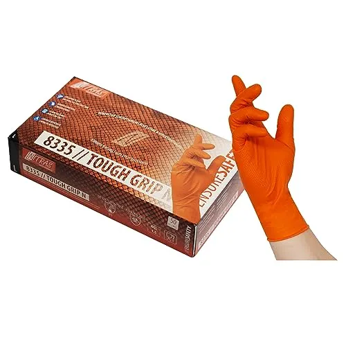 Nitras 50 Stück Nitril Einmalhandschuhe mit optimierter Griffigkeit Tough Grip N (XL, orange)