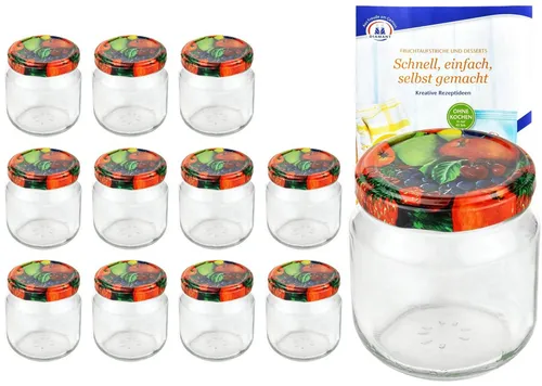 MamboCat Einmachglas 12er Set Rundglas 212 ml nieder To66 Obst Dekor Deckel incl Rezeptheft, Glas