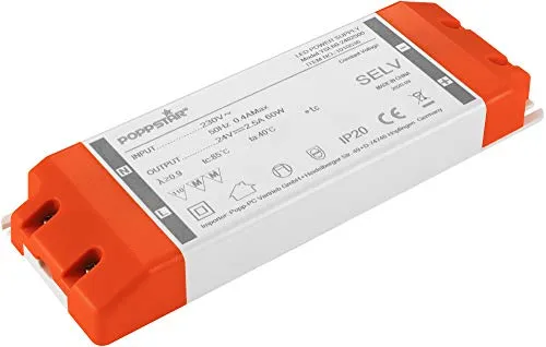 Poppstar LED Trafo Transformator 230V AC / 24V DC 2,5A - Transformator für LED-Beleuchtung, sicher gegen Kurzschluss und Überhitzung, ideal für LED Stripes und Lampen, extrem platzsparend und einfach zu montieren.
