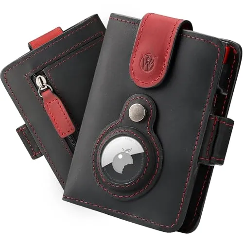 Will Fire® Smart Wallet Herren mit Airtag-Fach & Photokapsel | Inkl. Airtag Anhänger | Echtleder Airtag Wallet mit Münzfach & Scheinfach | RFID Schutz | Bis zu 12 Karten | [Black-Red, Wildleder]