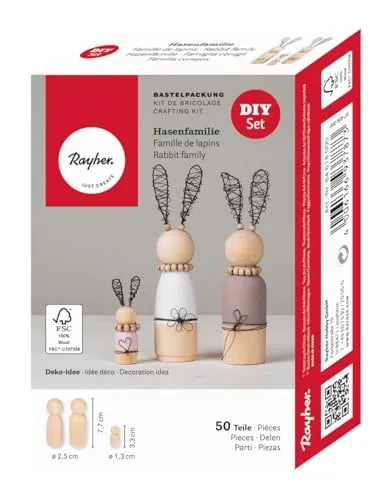 Rayher Bastelpackung Hasenfamilie, drei Hasen, 3,3 + 7,7 cm, aus Holz und Draht, Holz FSC zertifiziert, Osterdekoration, Osterhasen, Hasen Holz, 64618000