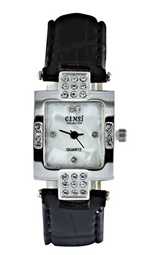 Censi Frauen Sliver überzogene Diamante quadratische Zifferblatt schwarz PU Lederband analoge Uhr japanische Quarz Schnalle Schließe Extra Batterie