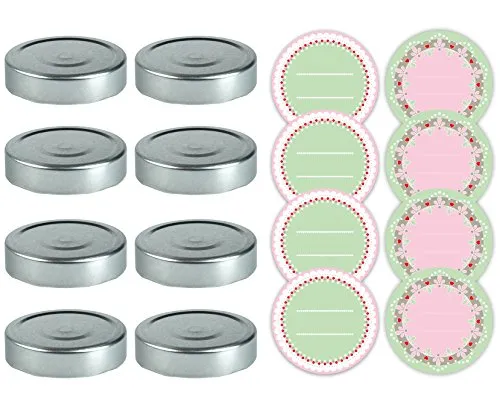 Dr. Oetker Marmeladendeckel-Set Ø 8 cm mit Aufklebern, Schraubdeckel für handelsübliche Gläser, mit rückstandsfrei ablösbaren Stickern zum Beschriften, (Farbe: Silber, bunt), Menge: 16tlg. Set