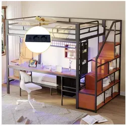 Odikalo Etagenbett Hochbett 90x200 140x200 mit Schreibtisch LED (Metallbett, Multifunktionsbett mit Schreibtisch,LED,Mit Steckdosen,offenem Stauraum und Stoffschubladen-Oberbett 140*200,und Unterbett 90*200, ohne Matratze)