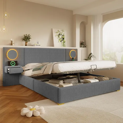 MODFU Doppelbett Polsterbett 180×200 Samt mit LED-Kopfteil und USB-Anschlüssen