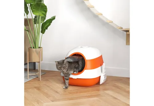 PawHut Katzentoilette mit Deckel - Geräumiges, zusammenklappbares Katzenklo - Katzentoiletten mit privatem Design für Ruhe und Schutz, inklusive Deodorant, Bodengitter und Streuschaufel. Ideal für kleine Katzen bis 3 kg.