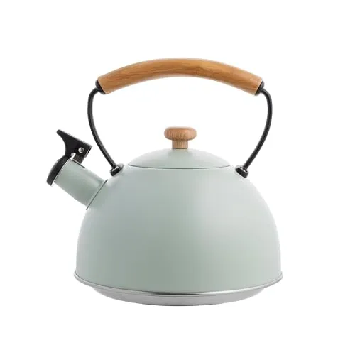 FLORINA Wasserkessel (2,3 l) | Edelstahl Teekessel NATURA | Flötenkessel mit Holzgriff | Automatischer Pfiff | Wasserkocher für Induktionsherd, Gasherd und Elektroherd | Farbe: Mint