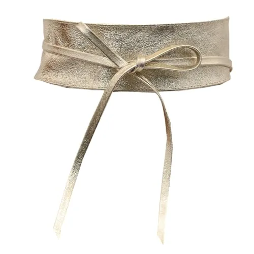 MIRROSI Taillengürtel Wickelgürtel aus Echtleder, Schleife mit breitem Bund (mit breitem Bund zum Wickeln (7cm Breit, 265cm lang) OBi Gürtel, Bindegürtel, Schnürgürtel, Wickelgürt (Metalic Gold)