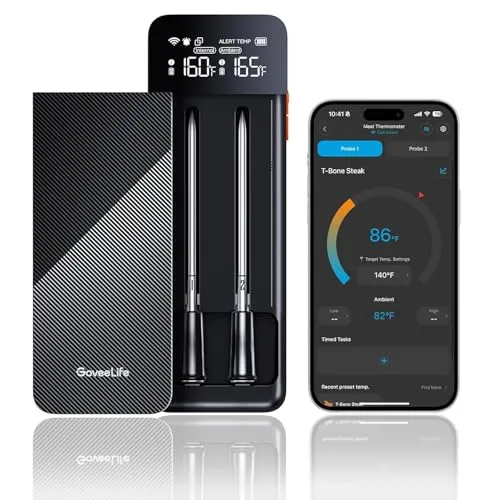 GoveeLife Fleischthermometer Kabellos Grillthermometer Bluetooth, unbegrenzte WLAN-Reichweite Grill Thermometer, ±1,8 ℉ Genauigkeit, IP68 Bratenthermometer für Küche, BBQ, Grill, Backofen, Rotisserie