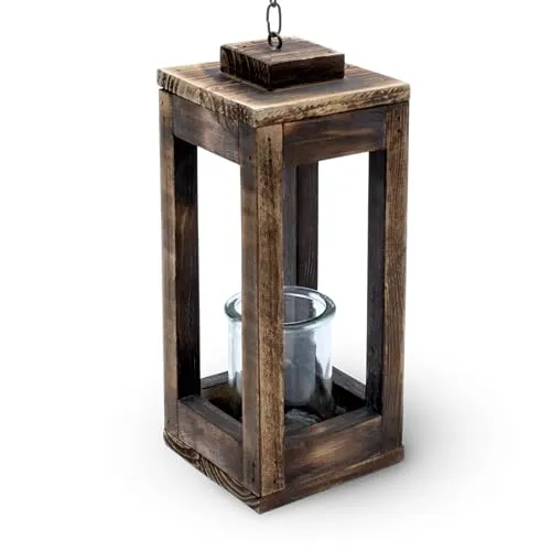 Holz Hänge Laterne mit Metall Kette - 31 cm - Deko Kerzenhalter mit Kerzenglas - Tisch Deko Leuchte Windlicht Kerzenhalter zum Aufhängen