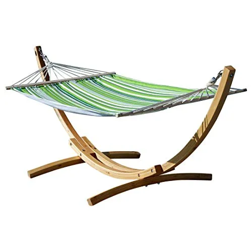 ALEOS. 320cm Hängemattengestell Blanca-SOSUA Hängematte mit Gestell aus Holz Lärche Natur mit grün gestreifter Stabhängematte