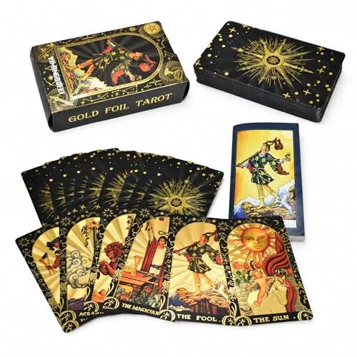 YIMINGOUFEI Schwarzes Tarot Englisch, 78+2 PVC-Karten, Wasserdicht | Goldfolien-Design mit Guidebook für Anfänger und Sammler