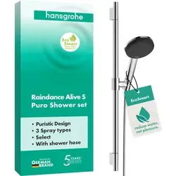 hansgrohe Raindance Alive Select S - Wassersparendes Duschset mit EcoSmart - Handbrausen: Extra großer Duschkopf (125 mm) mit 3 Strahlarten, inkl. innovativem PowderRain, für ein luxuriöses Duscherlebnis bei maximal 8 l/min.