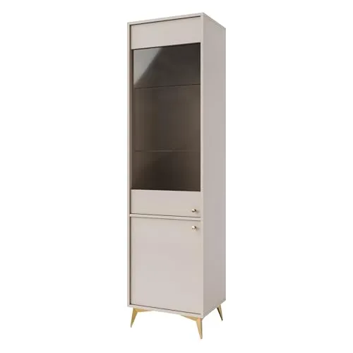 Masseno Glasvitrine Torino Standvitrine, Wohnzimmer Vitrine, Modern Vitrinenschrank, 51,8x40,8x193,5cm, Beige