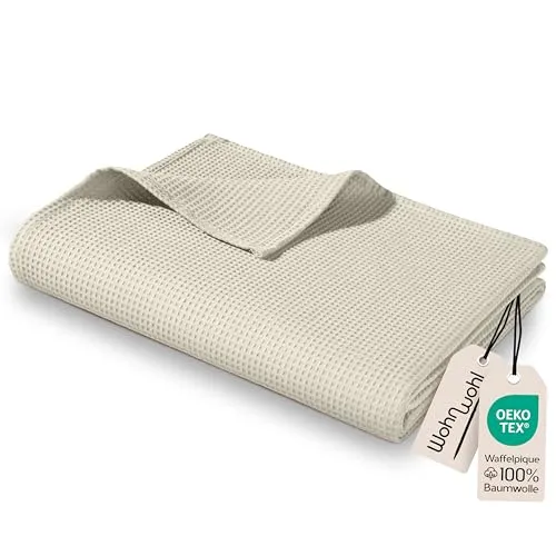 WOHNWOHL® Tagesdecke 220x240 cm - Leichte Baumwolldecke für Sommer - Tagesdecken-Kategorie – Unsere WOHNWOHL Tagesdecke aus 100% Baumwolle bietet Ihnen luftigen Komfort und ist pflegeleicht, ideal für warme Sommertage. OEKO-TEX zertifiziert für sorgenfreien Genuss.