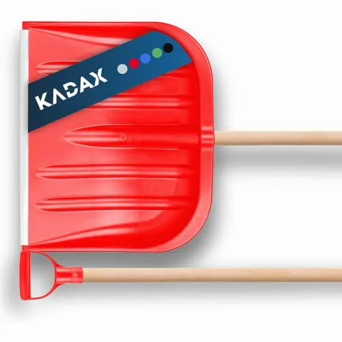 KADAX Schneeschaufel mit ergonomischem Griff, Blattbreite: 49 cm, Kunststoff-Blatt, Schneeschieber, ideale Schneeschippe für kleine und große Schneemengen, Schneeräumer, stabil (Holzstiel, Rot)