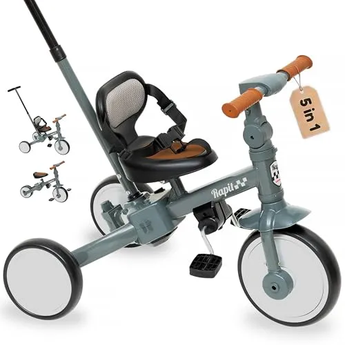Interbaby Dreirad ab 1 Jahr mit Schubstange, 5 in 1 Laufrad (Grau) | Mitwachsendes Kinderdreirad 1-5 Jahre | Laufrad ohne Pedale | Sitz, Lenker & Schubstange verstellbar | Lauflernrad bis 25 kg