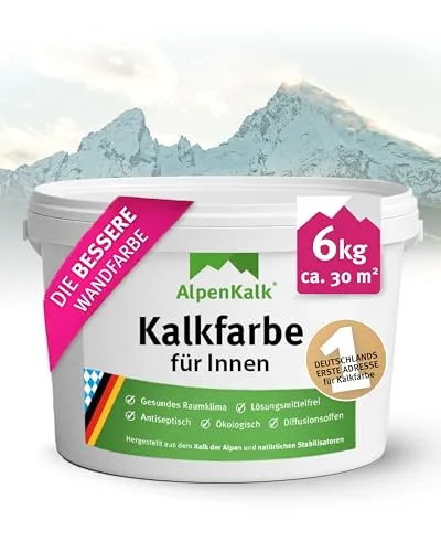 AlpenKalk® Atmungsaktive Kalkfarbe - Schimmelresistente Wandfarbe für Innenräume - Farben für Innenräume, atmungsaktive und wischfeste Kalkfarbe mit hoher Deckkraft, ideal für Allergiker und gesundes Raumklima.