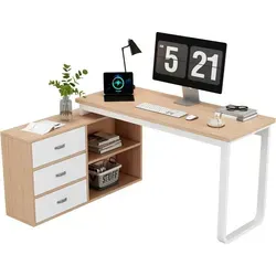 Schlichter Schreibtisch,Büroschreibtisch,3 Schubladen,2 offene Ablagefächer,massives Stahlrohr,breite und dicke Tischplatte,stabile Tragfähigkeit - Weiß