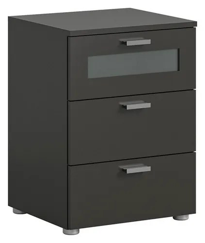 Nachtkästchen Xeno in Graphitfarben - Zubehör für Möbel – Modernes Nachkästchen mit 3 geräumigen Schubladen und eleganten Glaseinsatz für stilvollen Stauraum im Schlafzimmer.