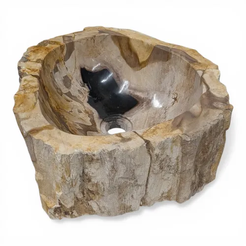 Waschbecken Versteinertes Holz #15 Aufsatzbecken - Elegantes, ovales Aufsatzwaschbecken aus handgearbeitetem Stein, ideal für moderne Badezimmer. Maße: 36 x 39 x 15 cm, polierte Oberfläche, passt perfekt in stilvolle Räume.