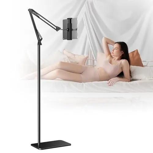 Fsaklaskdy Tablet Halterung, Tablet Ständer Bodenständer, Verstellbarer Universal um 360 Grad Drehbar mit Stabilem Metall Arm, Handy-Ständer mit Heavy Duty Base für Geräte 4,7 Bis 12.9 Zoll Bildschirm