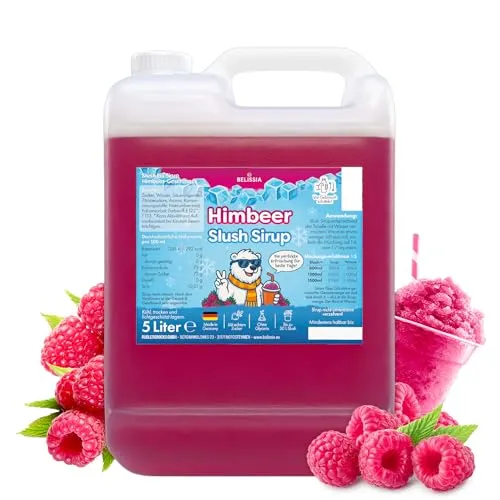 Belissia Slush Eis Sirup 5 Liter Konzentrat | Himbeer Geschmack | sehr ergiebig in knalligen Farben (1:5) für bis zu 30 Liter | Glycerin frei – für Slush-Eis