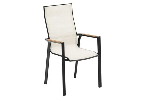 KETTLER Gartenlounge-Sessel SENSE Stapelsessel Schwarz-Beige - Stylischer und stapelbarer Gartenstuhl mit schwarzem Aluminiumgestell und atmungsaktivem, beigem Textilbezug. Ideal für Terrasse und Garten – vereint Komfort und modernes Design.