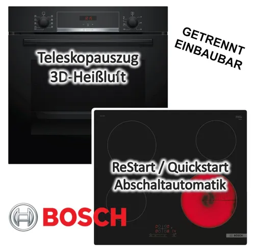 Bosch Herdset EcoClean: Backofen mit Glaskeramik-Kochfeld 60 cm - Herdset mit 4 Kochplatten und 71L Backofen, EcoClean-Technologie für einfache Reinigung, modernes Design und hohe Energieeffizienz (EEK A) ideal für jede Küche.