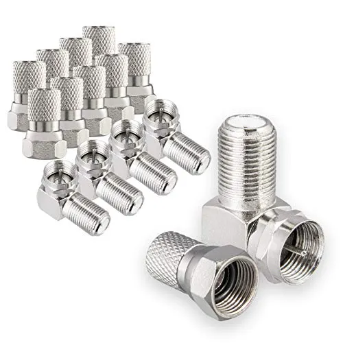 HB-DIGITAL Winkel-Adapter Set für SAT Anlagen: 10x F-Stecker (Vernickelet) + 5X F-Winkel-Adapter [F-Stecker (SAT, männlich) auf F-Buchse (SAT, weiblich)] rechtwinklig Ecke Steckverbinder 90° Grad