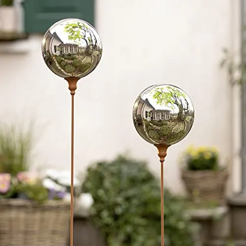 Dekoleidenschaft Gartenstecker Kugel aus Metall – Rost-Optik - Gartenkugeln – Stilvolle Gartendeko mit verspiegelter Kugel, 118 cm hoch, bringt Glanz in Ihren Garten!