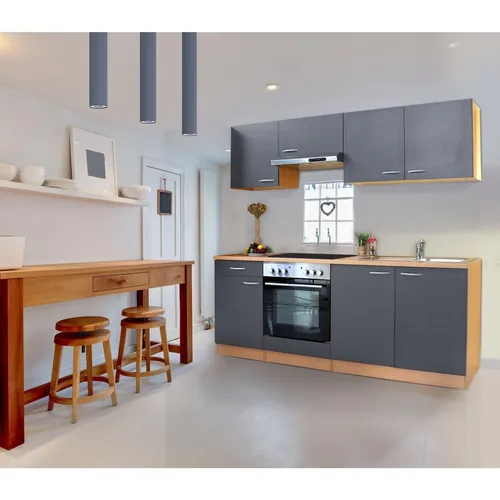 Respekta Küchenzeile KB210BGEC 210 cm Grau-Buche Nachbildung - Küchenzeilen mit Elektrogeräten, stilvolles Design in Grau-Buche, inkl. Glaskeramik Kochfeld für modernes Kochen.