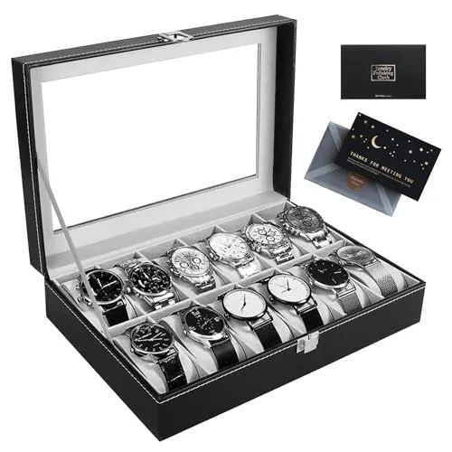 UCAMP Uhrenbox mit 12 Fächern,Uhrenkasten mit Glasdeckel,Uhrenkoffer mit herausnehmbaren Uhrenkissen,Metallverschluss,Uhrenbox Herren Frauen, Geschenkidee für Geburtstag Vatertag Valentinstag