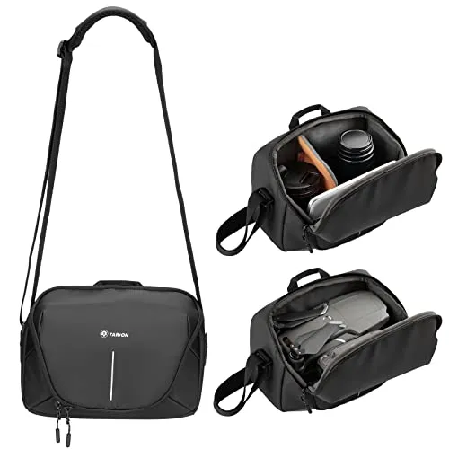 TARION Kameratasche DSLR Fototasche wasserdichte Kamera Umhängetasche mit Tragegurt und Zubehör-fächern für Spiegelreflexkamera Systemkamera Objektive Zubehör - Schwarz (Zone Begleittasche)