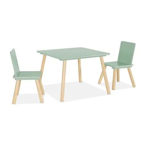 sweeek - Quadratischer Kindertisch mit 2 Stühlen, Beine aus Kiefernholz - Judith - Kinderzimmertisch & -stuhlsets, ideal für kreative Aktivitäten und langlebig durch die robusten Kiefernholzbeine.