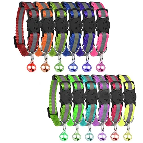 12PCS Katzenhalsband mit Glöckchen, Katzenhalsbänder mit Schnellverschluss, Reflektierend, mit Sicherheitsschnalle, Verstellbar 20–34 cm, Passend für Alle Hauskatzen, Welpen, Zubehör (Strip)