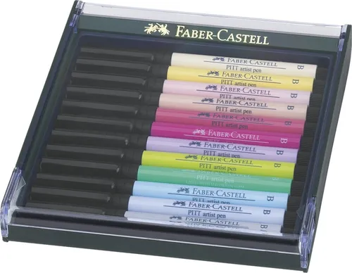 FABER-CASTELL 267420 - Tuschezeichner Pitt Artist Pen brush, 12-er Packung in Pastell, höchste Künstlerqualität mit geruchsneutraler Wasserbasis und formstabiler Pinselspitze