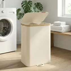 SONGMICS Wäschekorb mit Deckel, 2 Fächer, 150 Liter, creme - Praktischer Wäschekorb mit 2 Fächern für einfache Sortierung. Der herausnehmbare Innensack erleichtert den Transport zur Waschküche. Mit 150 Litern Fassungsvermögen ideal für die wöchentliche Wäsche.