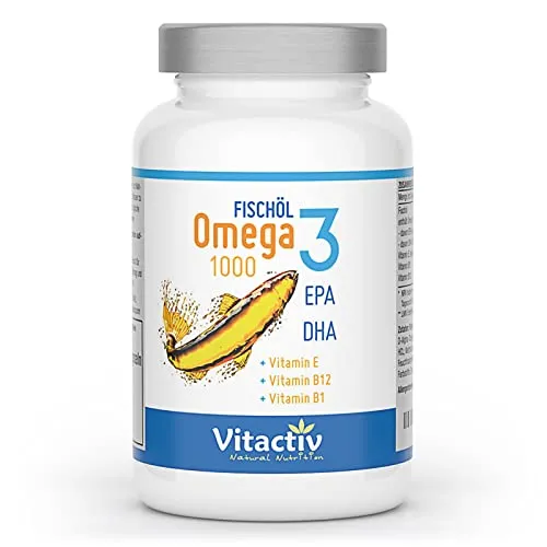VITACTIV Fischöl Omega-3 1000 - hochdosiert - 100% natürlich, mit Vitamin B1 + B12 + E - für Herz, Gehirn, Augen & Energie - mit mehrfach ungesättigten Fettsäuren (DHA + EPA) - 30 Softgel-Kapseln