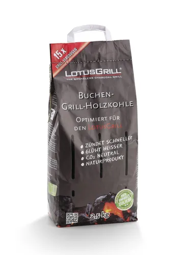 LotusGrill Buchen-Holzkohle 2,5 kg Speziell entwickelt raucharmen Holzkohlegrill