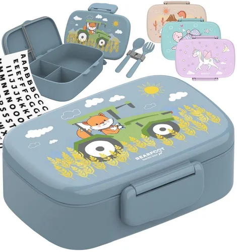 BEARFOOT Lunchbox Brotdose Kinder - Traktor Design, leicht & auslaufsicher - Lunchboxen für Kindergarten und Schule, 3 Fächer, BPA-frei, mikrowellen- und spülmaschinengeeignet, ideal für Vesper und Snacks.