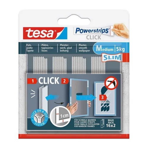 tesa Powerstrips Click MEDIUM Slim Klett-Klebestreifen für max. 5,0 kg, 1,0...
