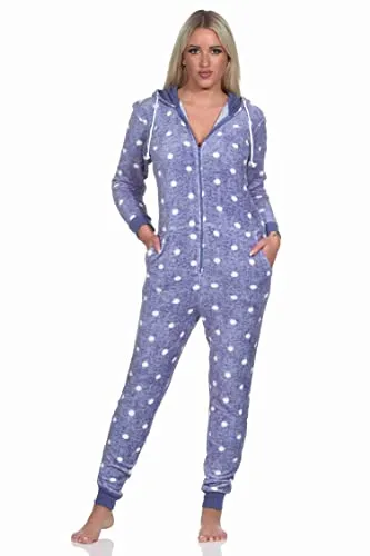 Normann Kuschelig Warmer Damen Jumpsuit Schlafanzug Overall aus Coralfleece in Tupfen Punkte Optik, Farbe:blau, Größe:44/46