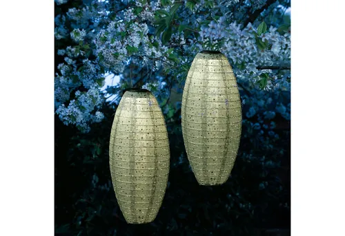 LED Solar Lampions oval - Blumenmuster - warmweiß - 2 Stück - Lampen - Ovalförmige LED Solar Lampions mit Blumenmuster, die sich automatisch bei Dunkelheit einschalten und eine gemütliche Atmosphäre im Garten schaffen.