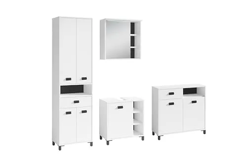 byLIVING Badmöbelset Wellness / 4-teilig/Spiegelschrank, Waschbeckenunterschrank, Kommode und Hochschrank/LED-Beleuchtung/Spiegel/Waschtisch/Hängeschrank (Weiß)