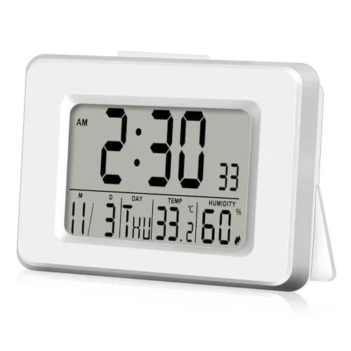 Digitaler Funkwecker, Digitaler Funkwecker mit Thermometer und Hygrometer, Funkuhr Digital mit Hintergrundbeleuchtung, Automatische Zeitsynchronisierung, Wochentag,Temperatur, Schlummerfunktion, Weiß