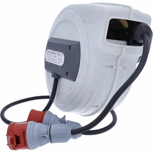 as - Schwabe Automatischer Kabelaufroller 10 m - Kabeltrommel mit 10 m H07RN-F 5G1,5, 180° schwenkbar und IP44-Schutz, ideal für flexible Energieversorgung und maximale Sicherheit bei verschiedenen Anwendungen.