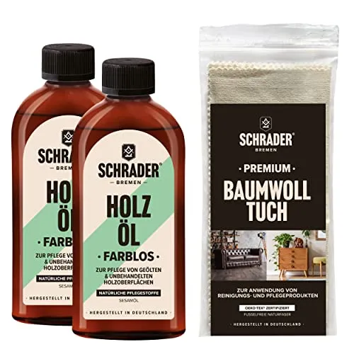 SCHRADER Holzöl Set - 3-teiliges Pflegeöl für Holzmöbel - Holzöle für optimale Pflege: Nährt und schützt Holzoberflächen mit lebensmittelsicheren Inhaltsstoffen. Inklusive fusselfreiem Baumwolltuch für perfekte Anwendung. Ideal für Möbel und Holzspielzeug.