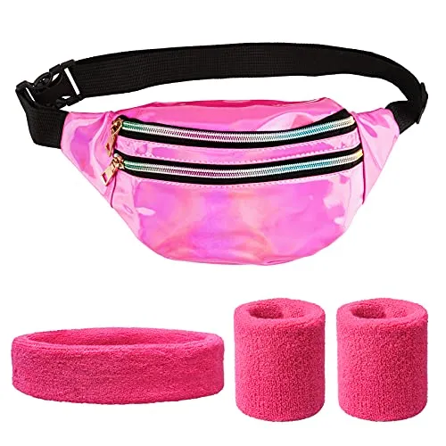 BETESSIN 80er Jahre Damen Outfit Set - inkl. Rosenrote Bauchtasche und Neon-Pinke Schweißbänder - Kostüm Accessoires für 1980er Mottoparty, Neon Party, Karneval, Fasching, Fastnacht UVM.