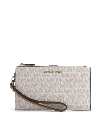 Michael Kors Jet Set Double Zip Wristlet Vanilla - Elegante Damen Handgelenkstasche aus Logo-Print-Leinwand mit 2 Reißverschlusstaschen und Platz für 6 Karten – perfekt für unterwegs!